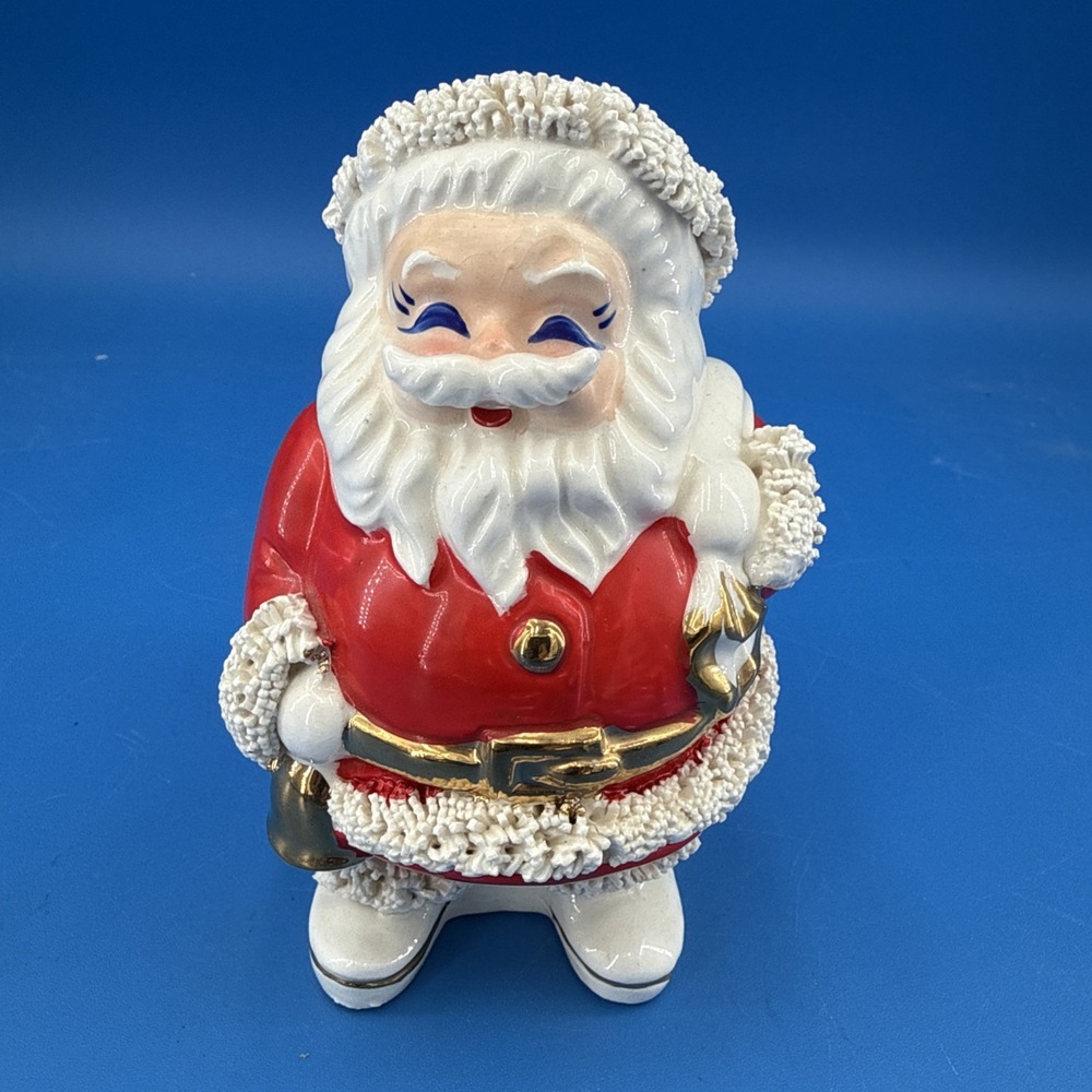 Vintage 1950's Ceramic Santa Claus Christmas Coin Bank w/ Spaghetti Trim Japan